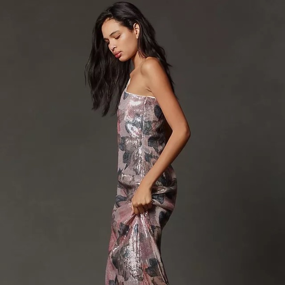 NWT Porridge One-Shoulder Floral Sequin Maxi Dress Sz L - Picture 3 of 16